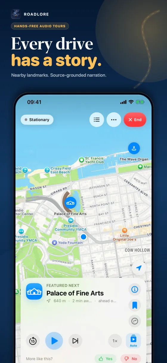 RoadLore App Store artwork reading Every drive has a story over a live map