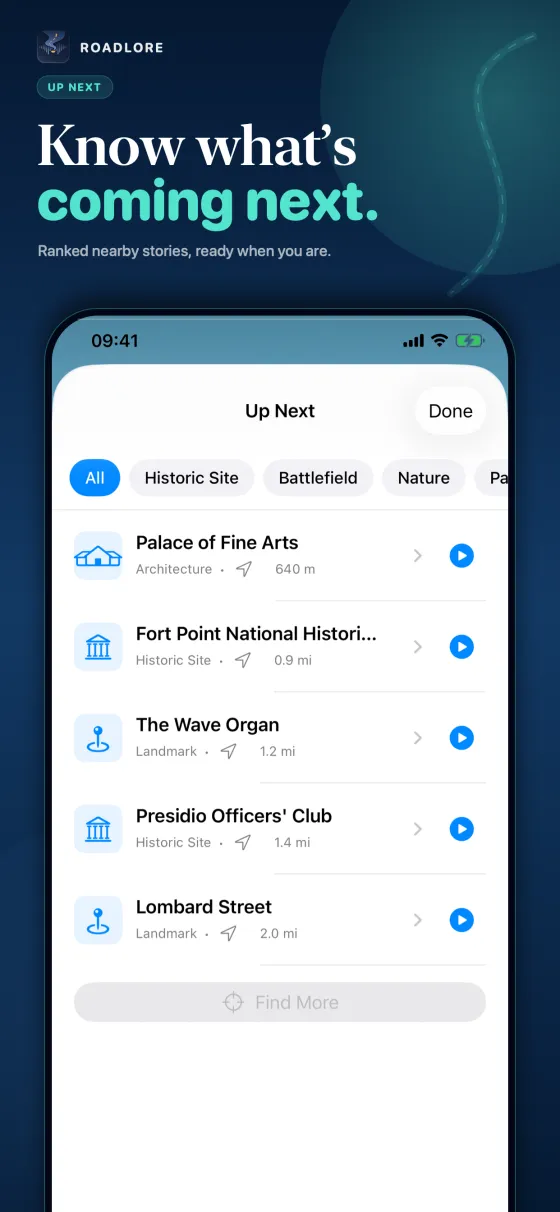 RoadLore App Store artwork showing the next narrated landmark while driving